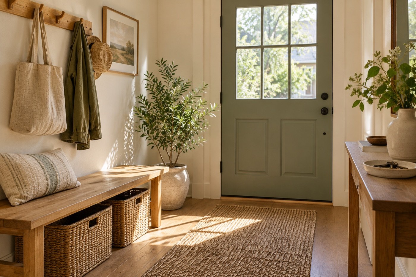 Warm entryway with an oak bench, woven baskets and a sage door