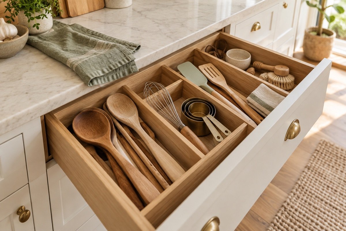 Organized kitchen utensils in an oak drawer