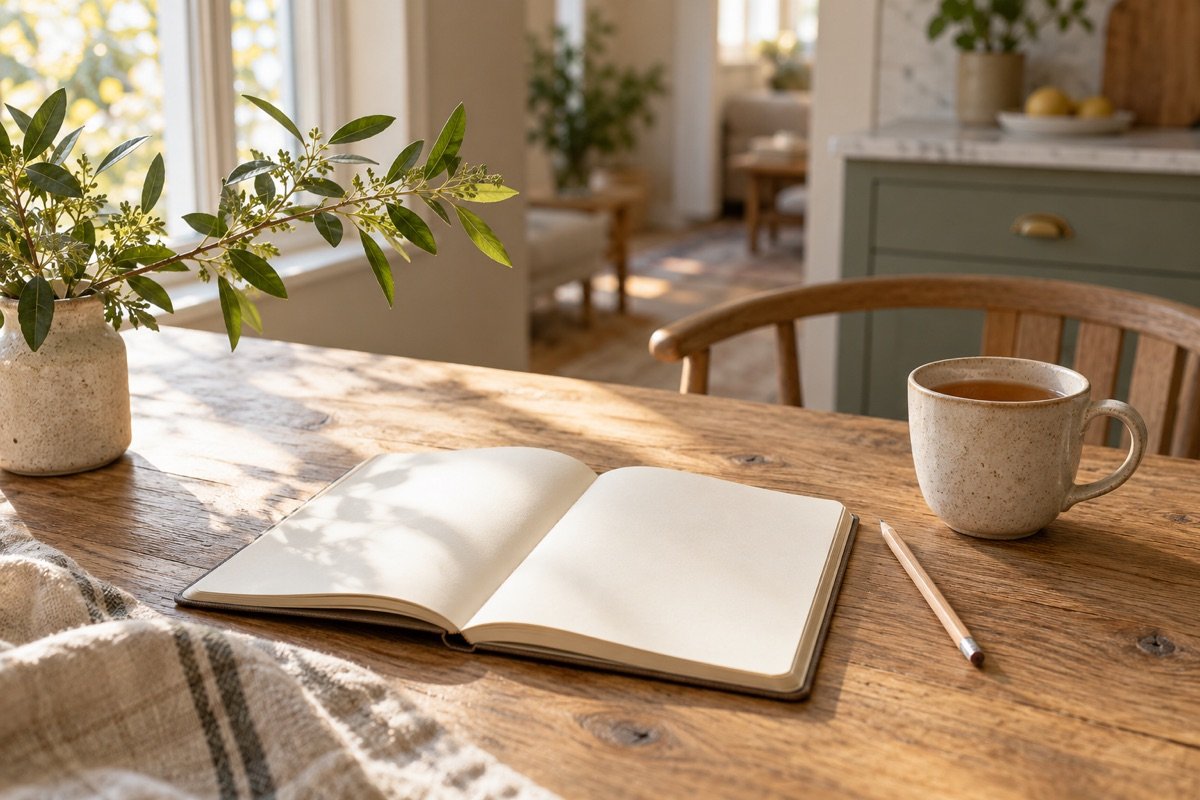 Notebook and tea on a sunlit table